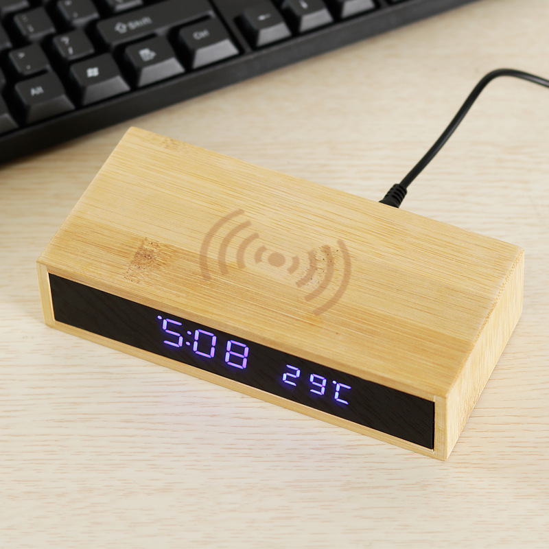 Bamboo スマート LED 目覚まし時計 温度表示 ワイヤレス充電器 